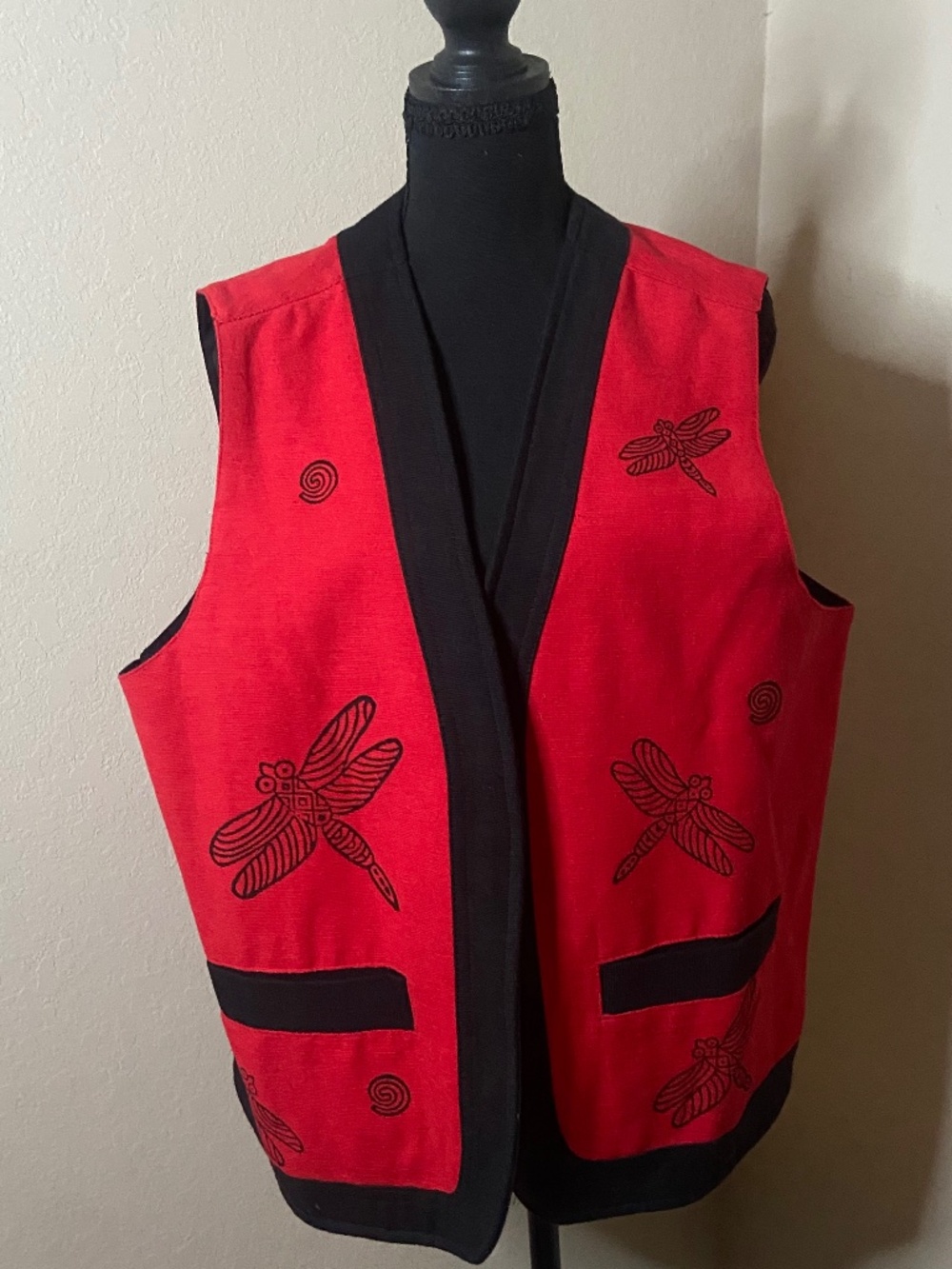 Venus Imports Embroidered Dragonfly Vest Red Black Artisan Boho Art to Wear XL